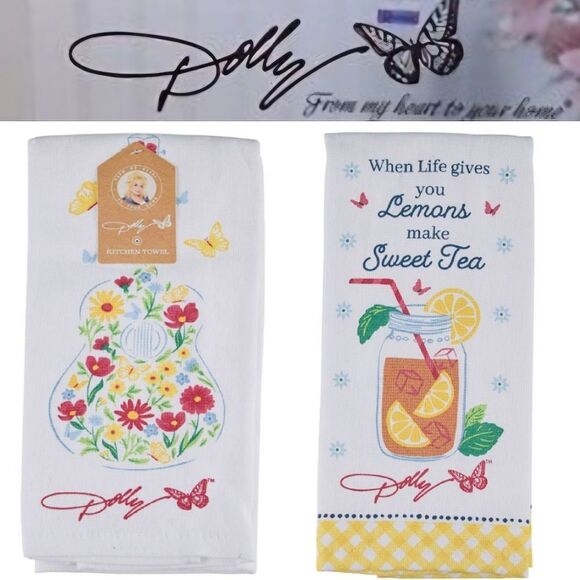 Dolly Parton Kitchen Floral Guitar & Sweet Tea Print Kitchen Towels - Picture 1 of 9